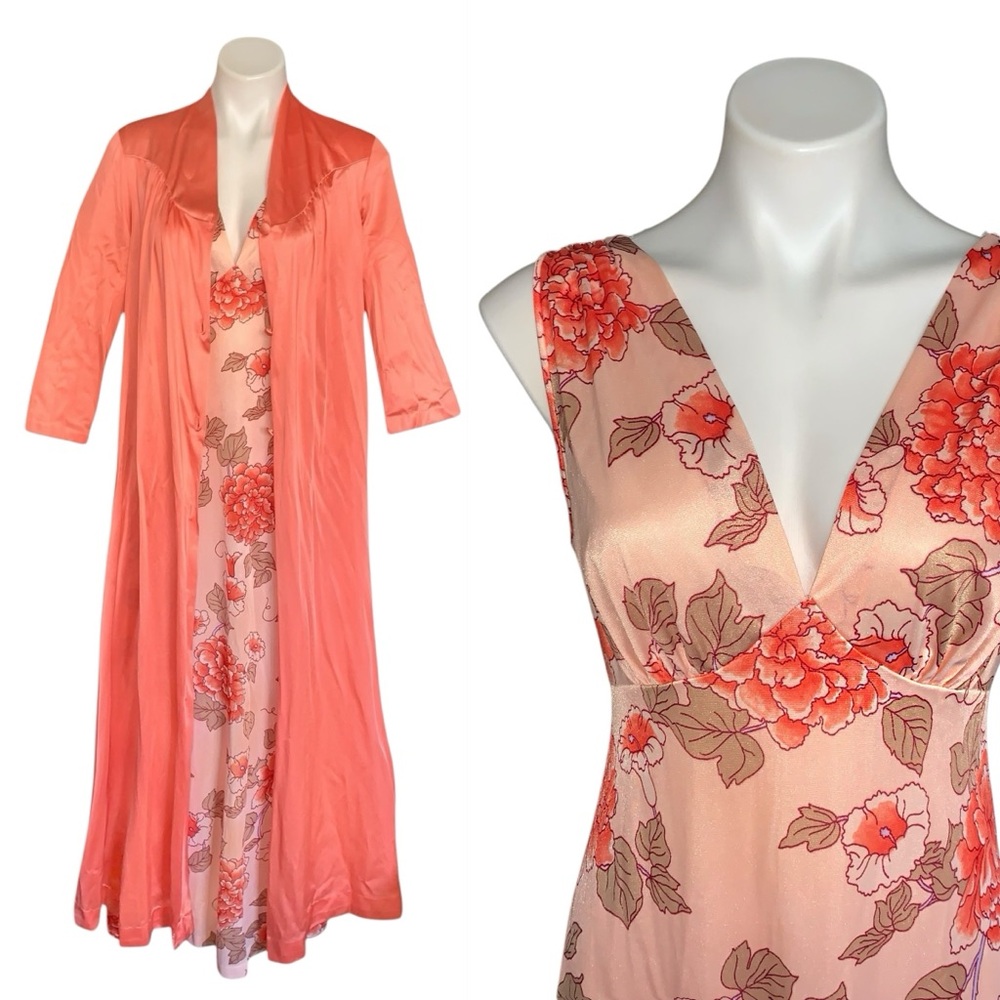 v i n t a g e :: Set Floral Long Satin Nylon Peignoir Slip Dress Robe - Picture 16 of 16